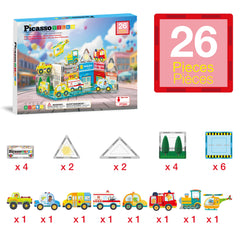 PicassoTiles monster truck and police car in dynamic city scenes.