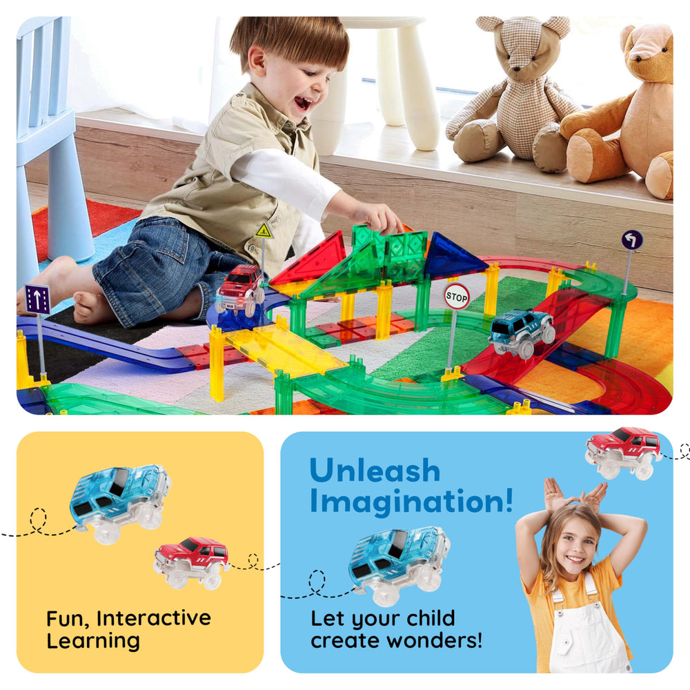 PicassoTiles multi-level track assembly encourages problem solving and imaginative designs.