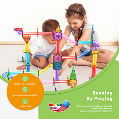 PicassoTiles multi-level tracks enable tall towers and twisty paths for dynamic play.
