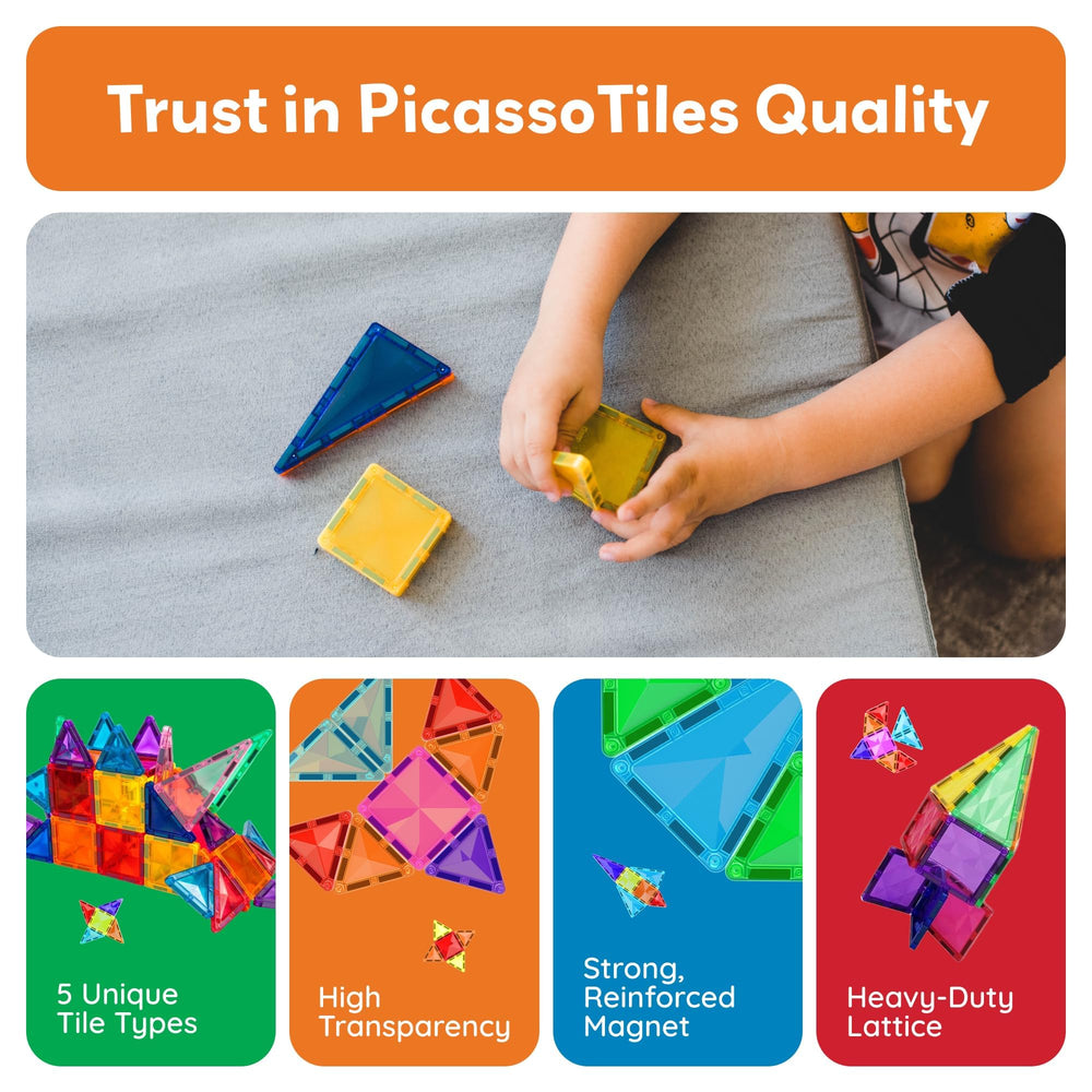 PicassoTiles on-the-go STEM exploration with a compact design.