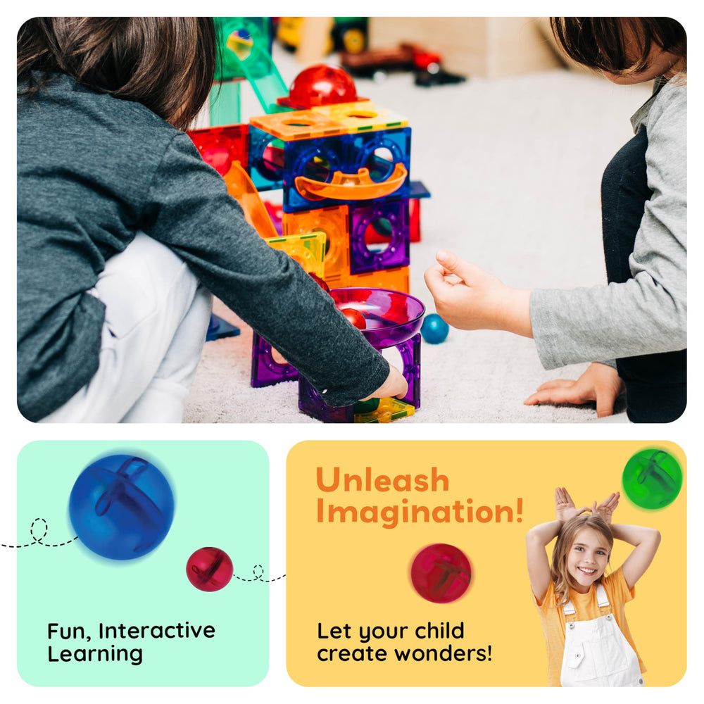 PicassoTiles PTG100 curved slopes demonstrate motion and cause-and-effect through marble runs