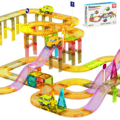 PicassoTiles race track compact layout demonstrates portable STEM play for travel and classrooms.