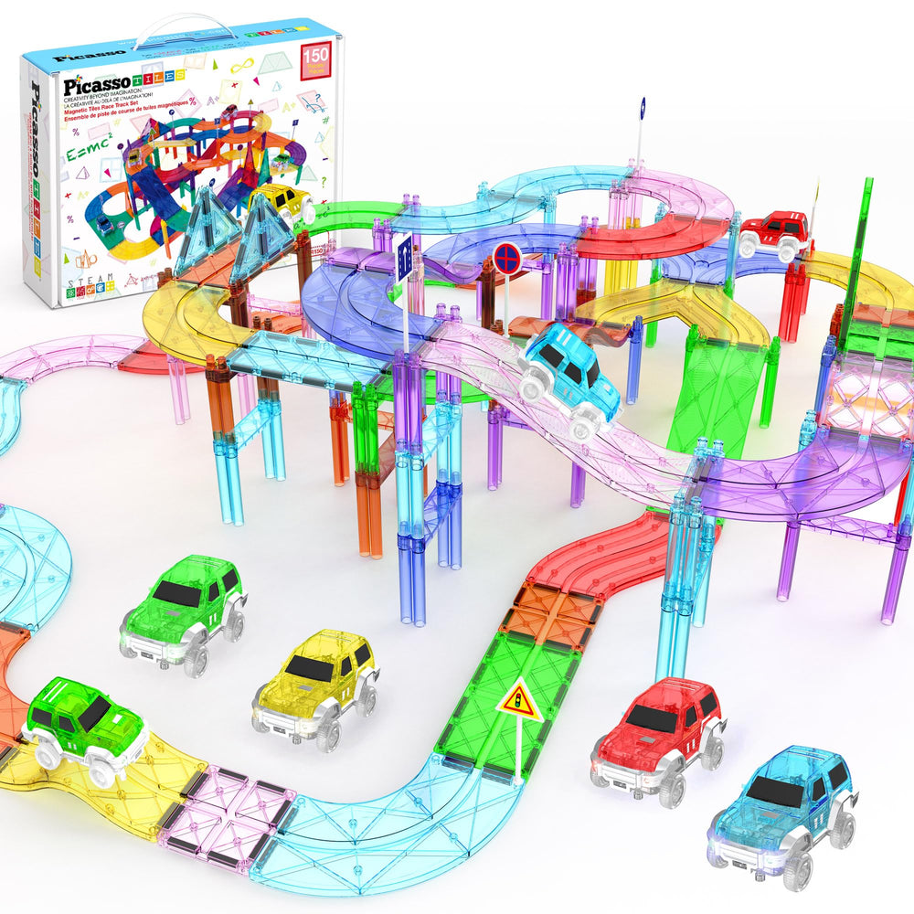 PicassoTiles race track setup with magnets for imaginative STEM play