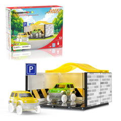 PicassoTiles racecar track tiles arranged for imaginative race play