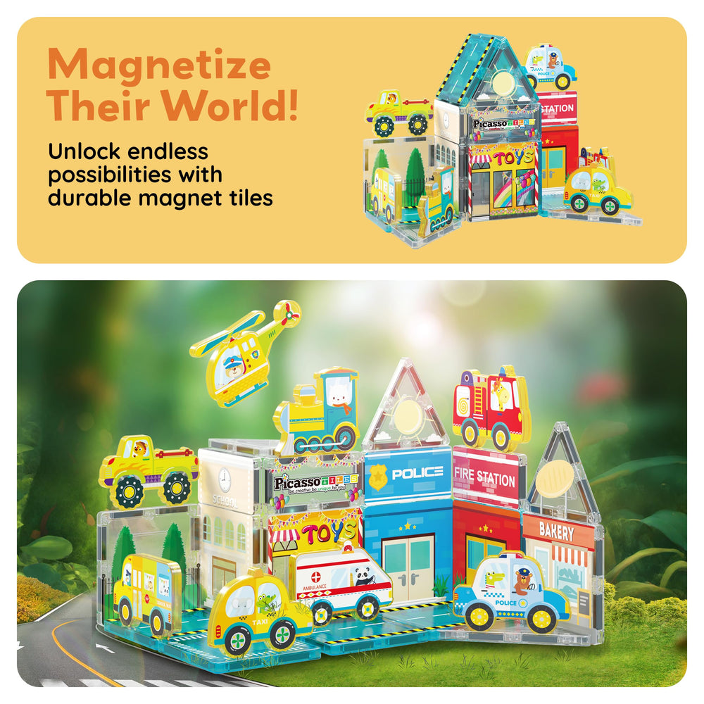 PicassoTiles rectangular tiles complement stackable city structures.