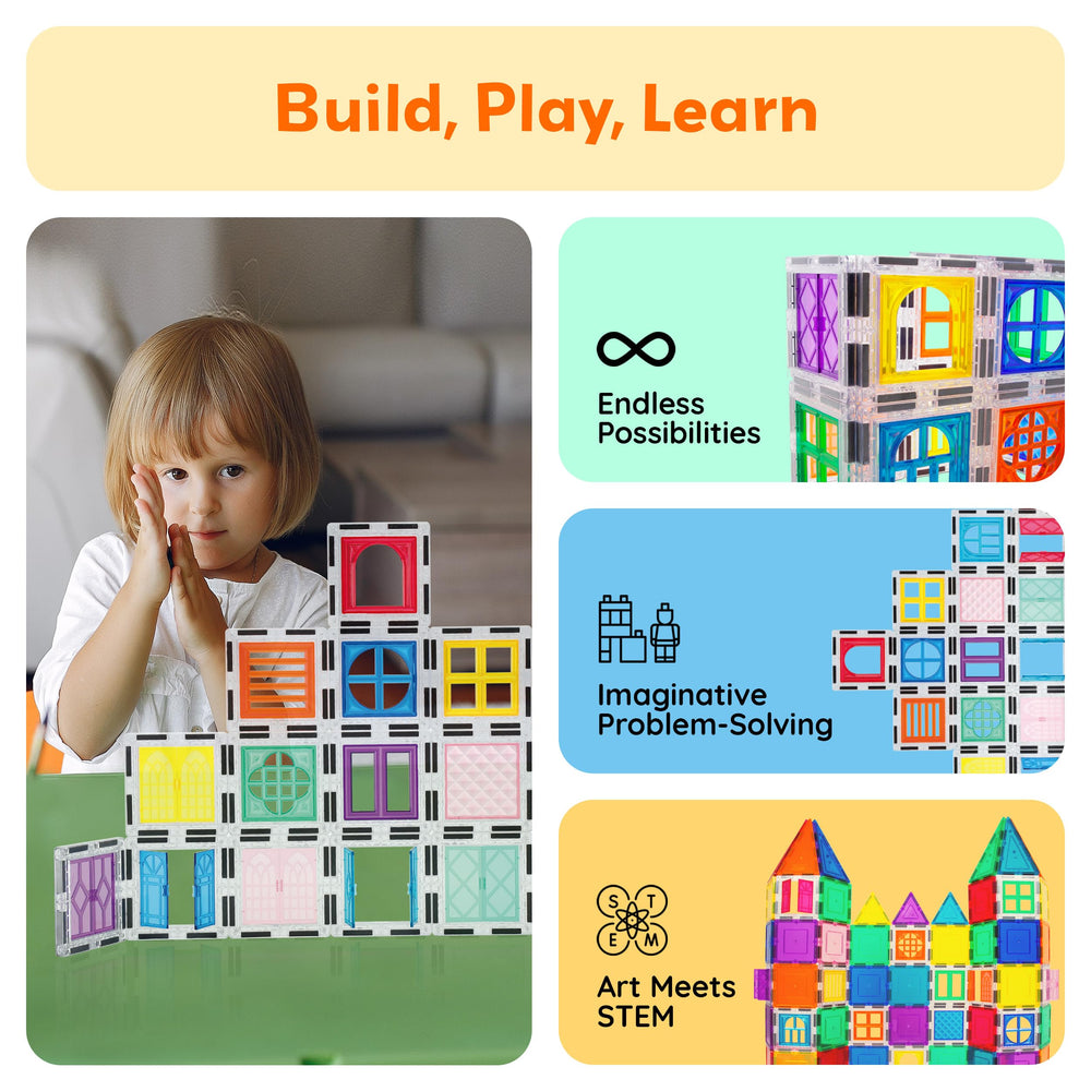 PicassoTiles reinforced magnets enable taller, sturdier constructions during play.