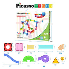PicassoTiles slope and funnel tiles enable gravity-powered marble paths and problem-solving.