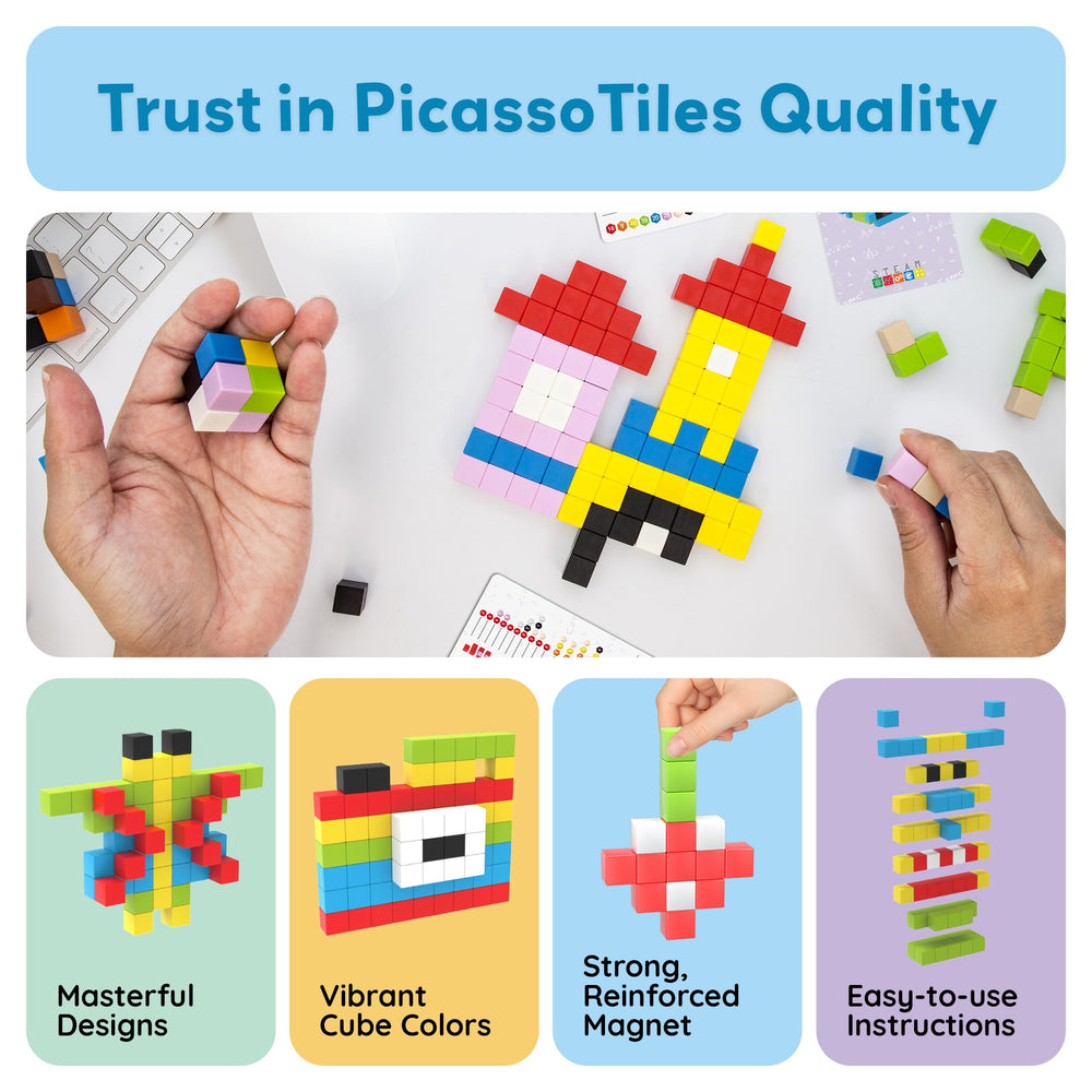 PicassoTiles stackable cubes forming geometric shapes fosters spatial thinking.
