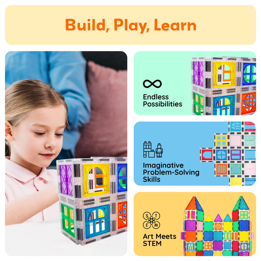 PicassoTiles stackable tiles support tall, stable structures for ambitious designs.