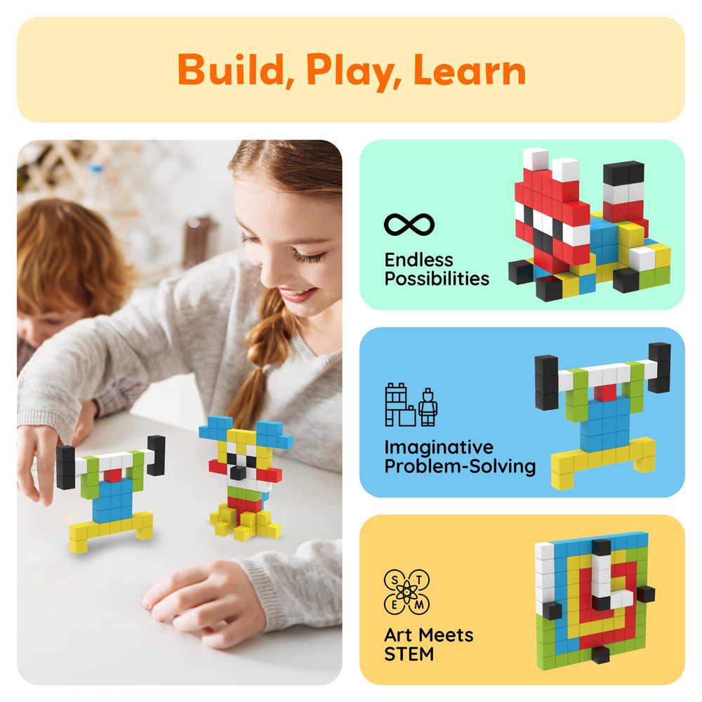 PicassoTiles STEAM education cubes arranged in patterns to spark curiosity.