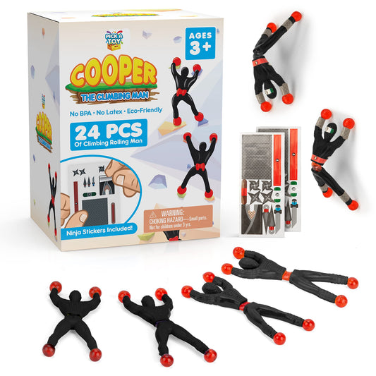 PICK A TOY 24 sticky wall climbers on a wall, perfect for party favors and gifts.