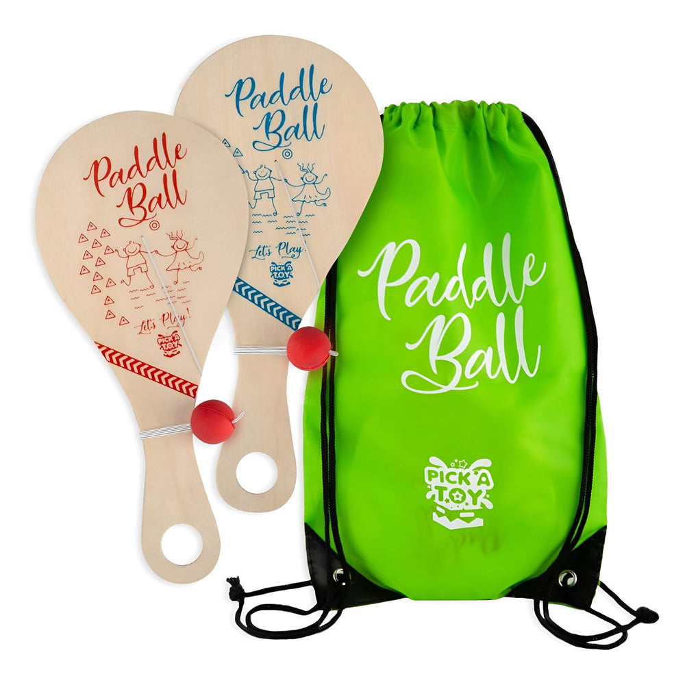 PICK A TOY wooden paddle ball with blue paddle enhances hand-eye coordination during play.