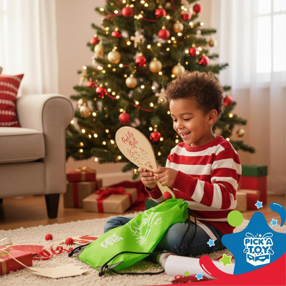 PICK A TOY wooden paddle ball child play demonstrates simple, engaging activity.