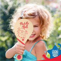 PICK A TOY wooden paddle ball close-up shows durable wood and smooth finish.