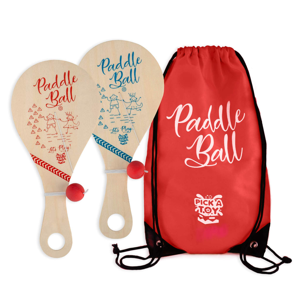 PICK A TOY wooden paddle ball set 2 in blue and red paddles for active play