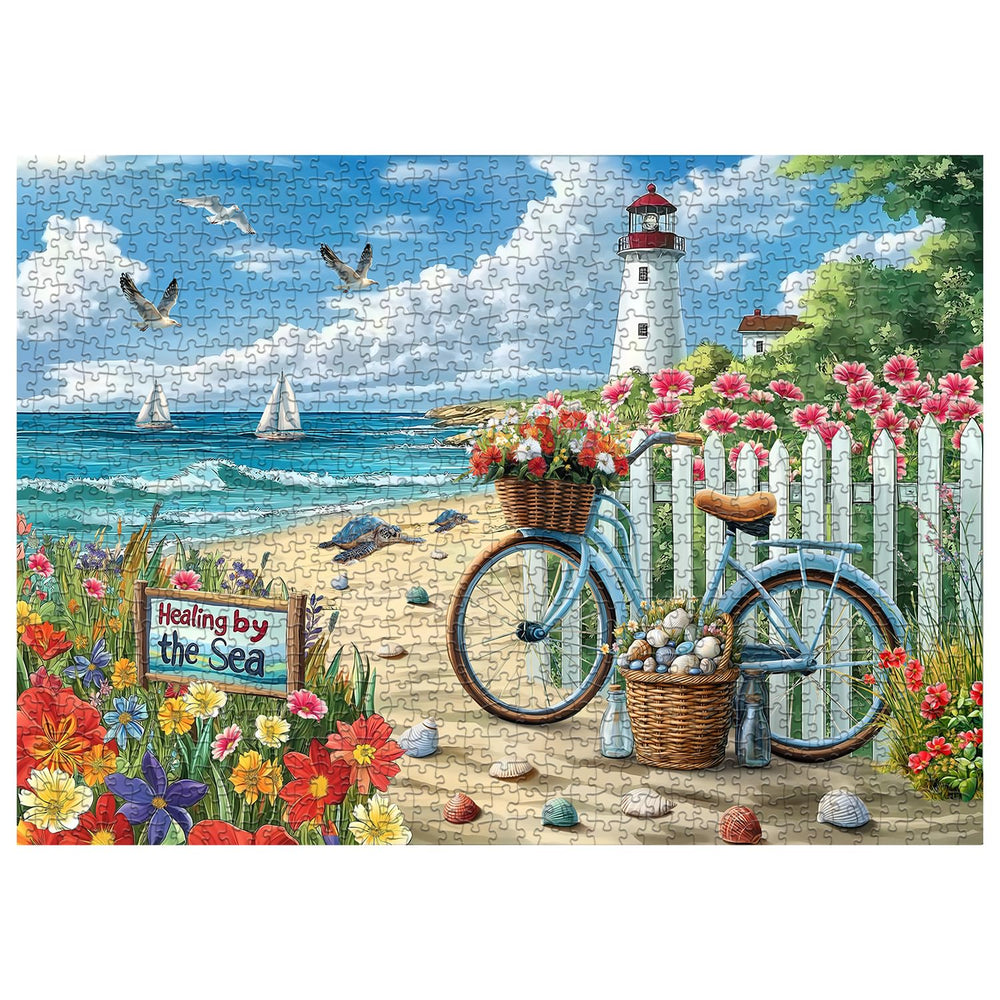 PICKFORU Beach Puzzle flowers-filled bicycle by the sea for relaxing hobby.