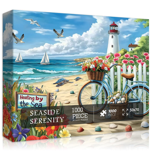 PICKFORU Beach Puzzle lighthouse and flowers for calming coastal decor.