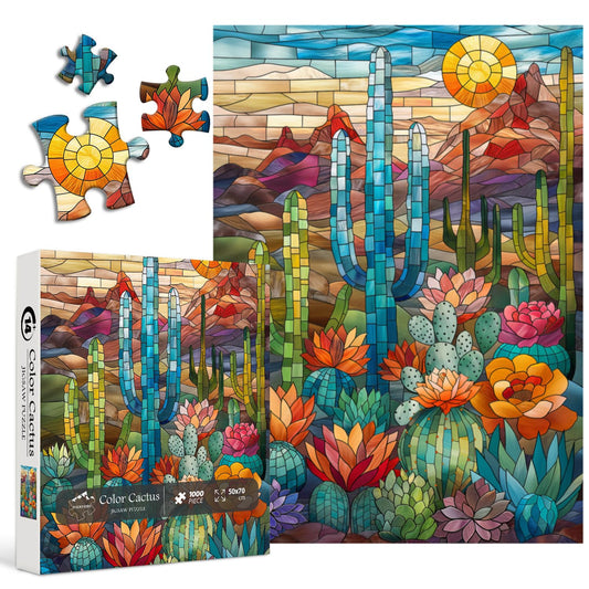 PICKFORU cactus puzzle display of colorful stained-glass mosaic for home decor