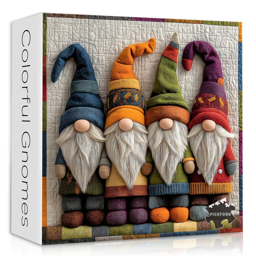 PICKFORU Colorful Gnome Puzzle with three patchwork gnomes for mindful puzzling.