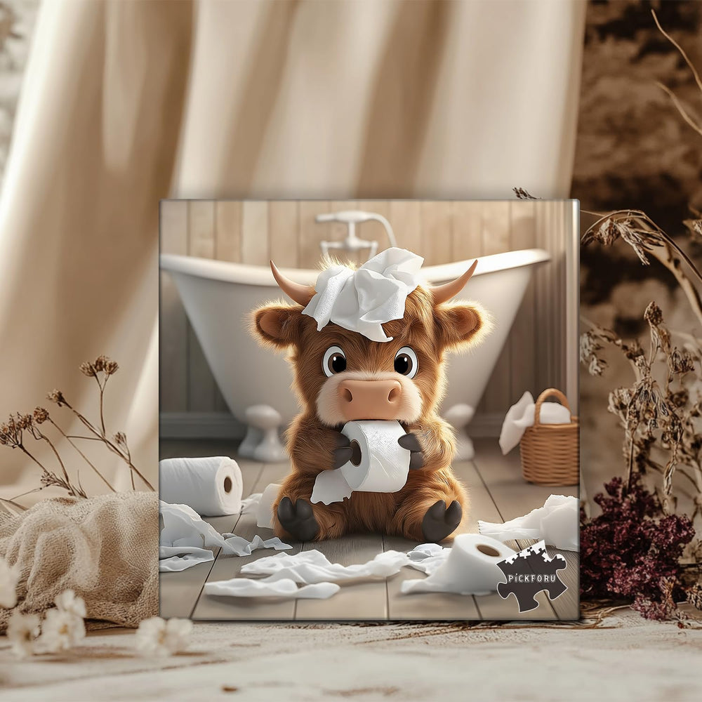 PICKFORU Highland Cow Puzzle calf and toilet paper motif for whimsy.