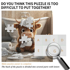 PICKFORU Highland Cow Puzzle playful bathroom scene featuring a calf.
