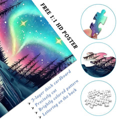 PICKFORU 1000-piece puzzle layout highlights aurora and tranquil lake.