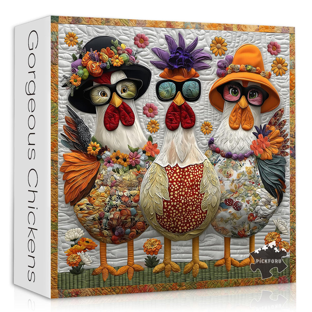 PICKFORU rooster flower patchwork puzzle with bright colors, ideal for wall art.