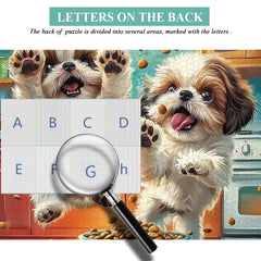 PICKFORU Shih Tzu kitchen-scene puzzle shows two puppies enjoying snacks, charming decor.