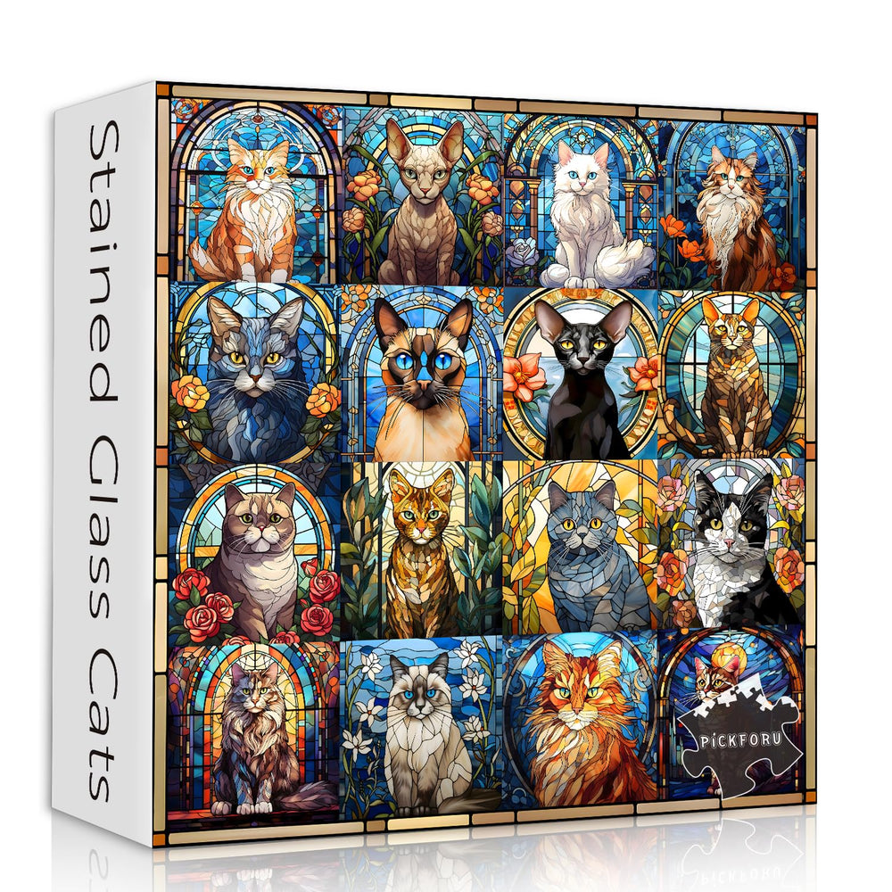 PICKFORU stained glass cats box and poster showcase the puzzle set.