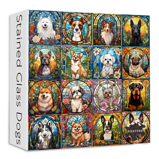 PICKFORU stained glass dogs puzzle showing 1000 pieces for focused solving