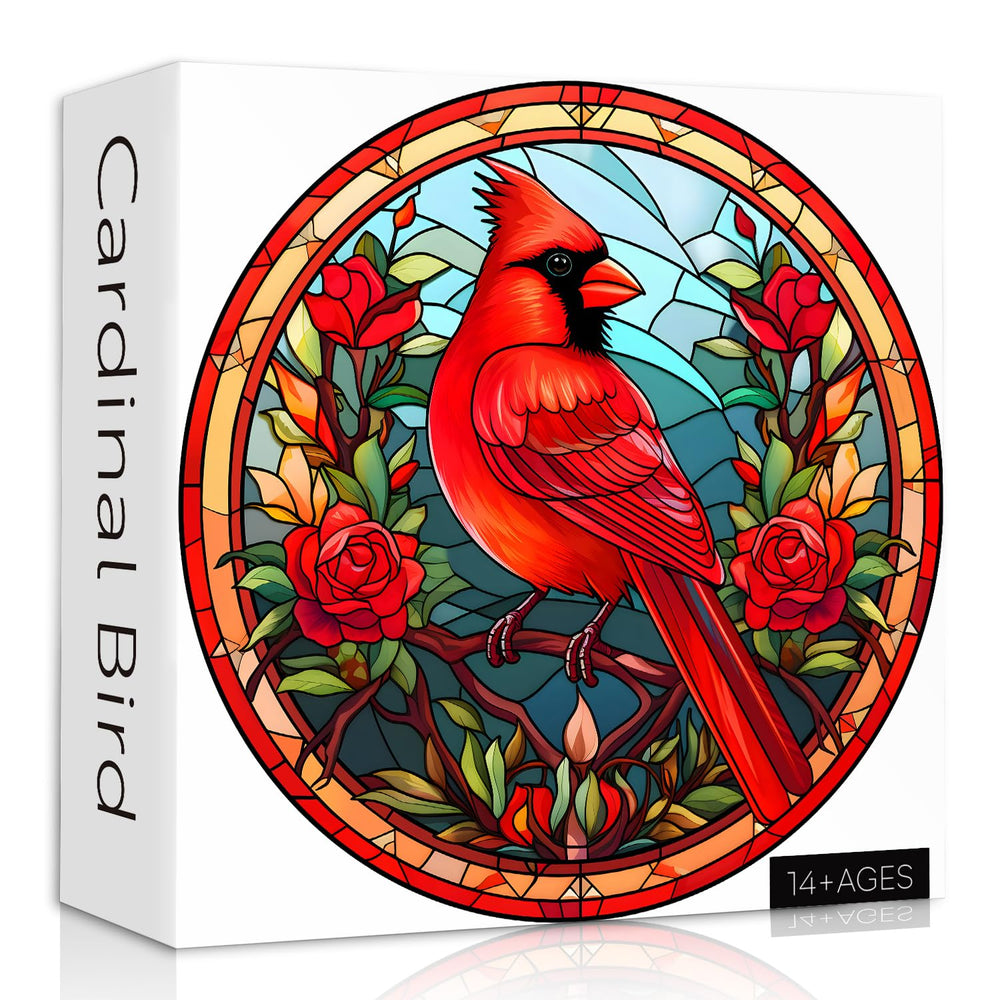 PICKFORU stained glass round cardinal bird puzzle with 1000 pieces for a challenging experience.
