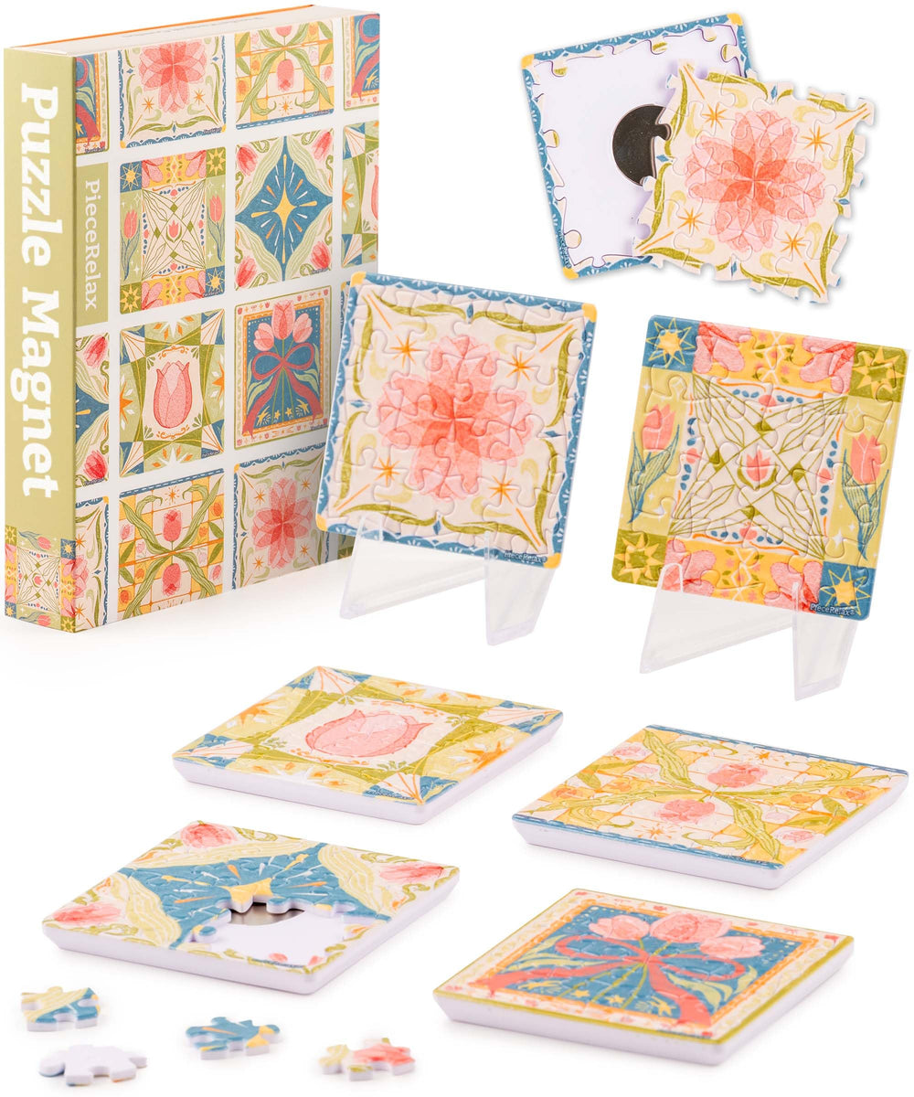 PieceRelax magnet puzzle tulip tile pattern with six designs for engaging fridge display.
