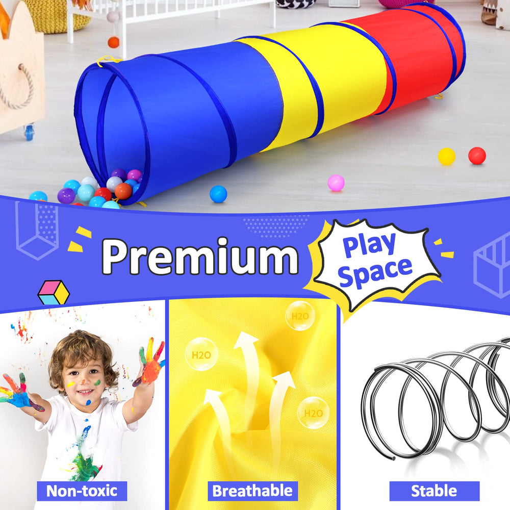 Child playing inside PigPigPen pop-up tunnel for motor skill development.