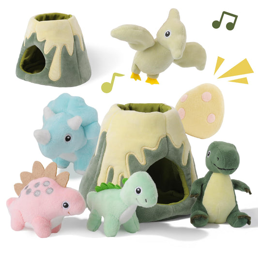 PIIKAGO Volcano Dino Set offers imaginative play with a cozy volcano and plush dinosaurs.