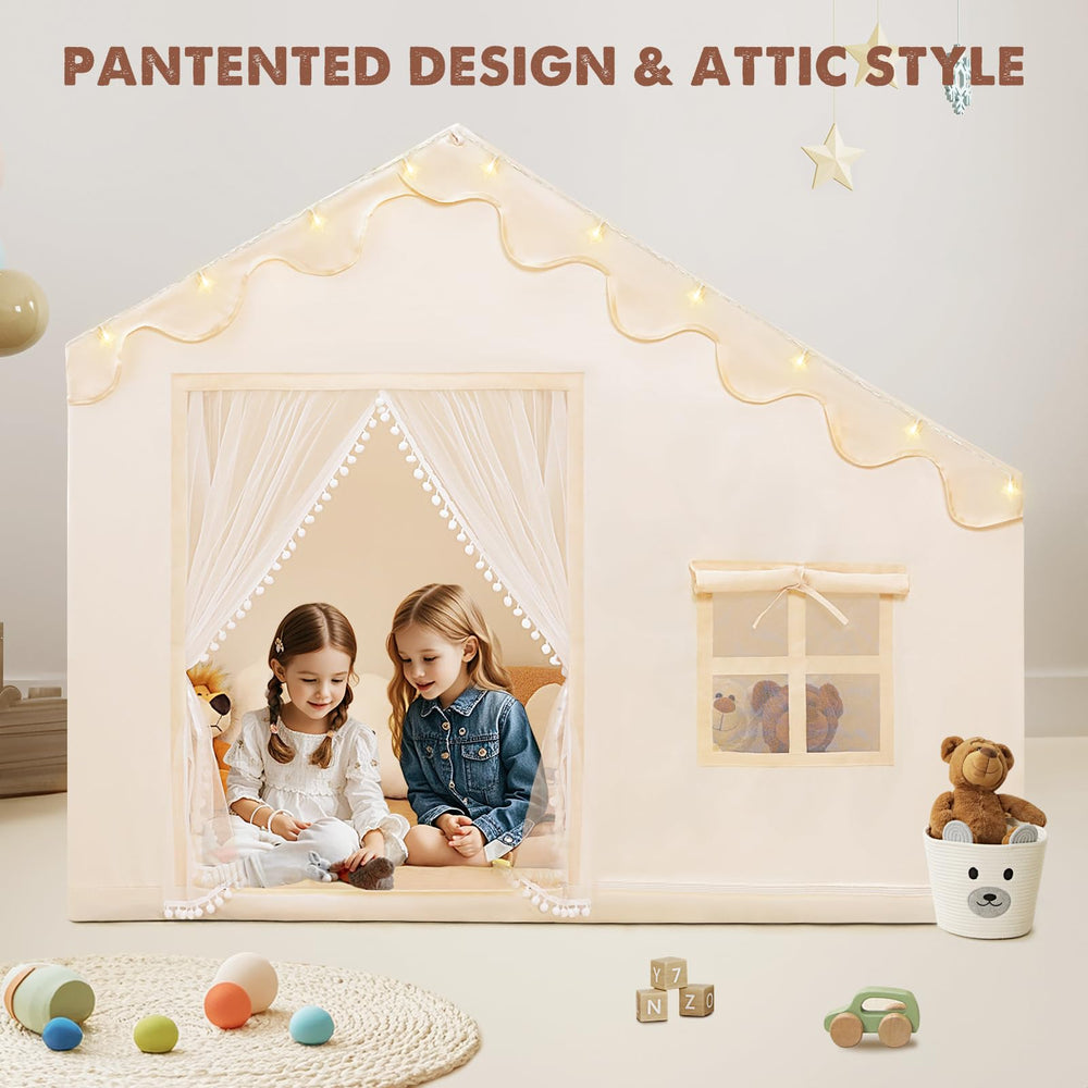 PIIKAGO beige playhouse — versatile setup for indoor and outdoor use.