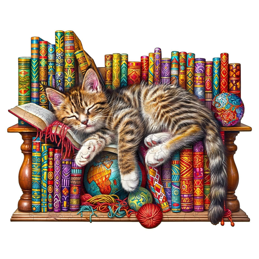 Pijesaksa Dragon Li cat puzzle sleeping on books, a charming desk decor piece.