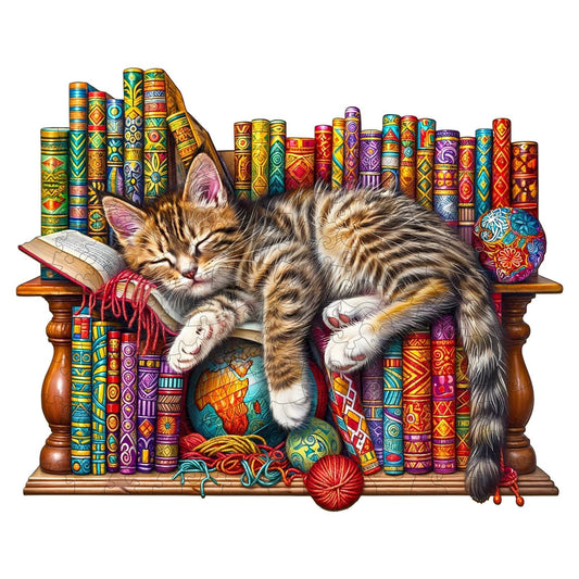Pijesaksa Dragon Li cat puzzle sleeping on books, a charming desk decor piece.