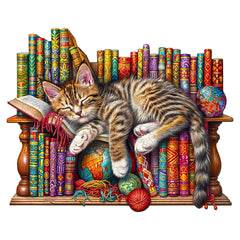 Pijesaksa Dragon Li cat puzzle sleeping on books, a charming desk decor piece.