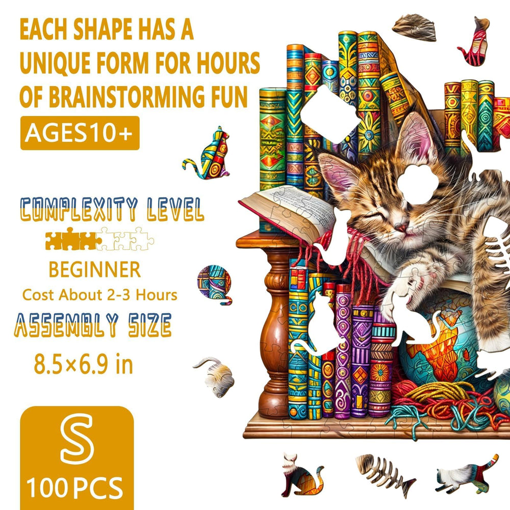 Pijesaksa library kitten wood puzzle with detailed illustration for cat lovers.