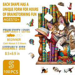Pijesaksa library kitten wood puzzle with detailed illustration for cat lovers.