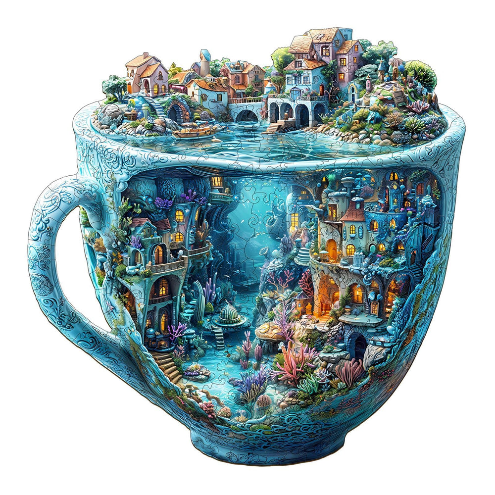 Pijesaksa Ocean Mug themed puzzle shows a whimsical sea village for relaxing problem solving