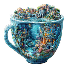 Pijesaksa Ocean Mug themed puzzle shows a whimsical sea village for relaxing problem solving