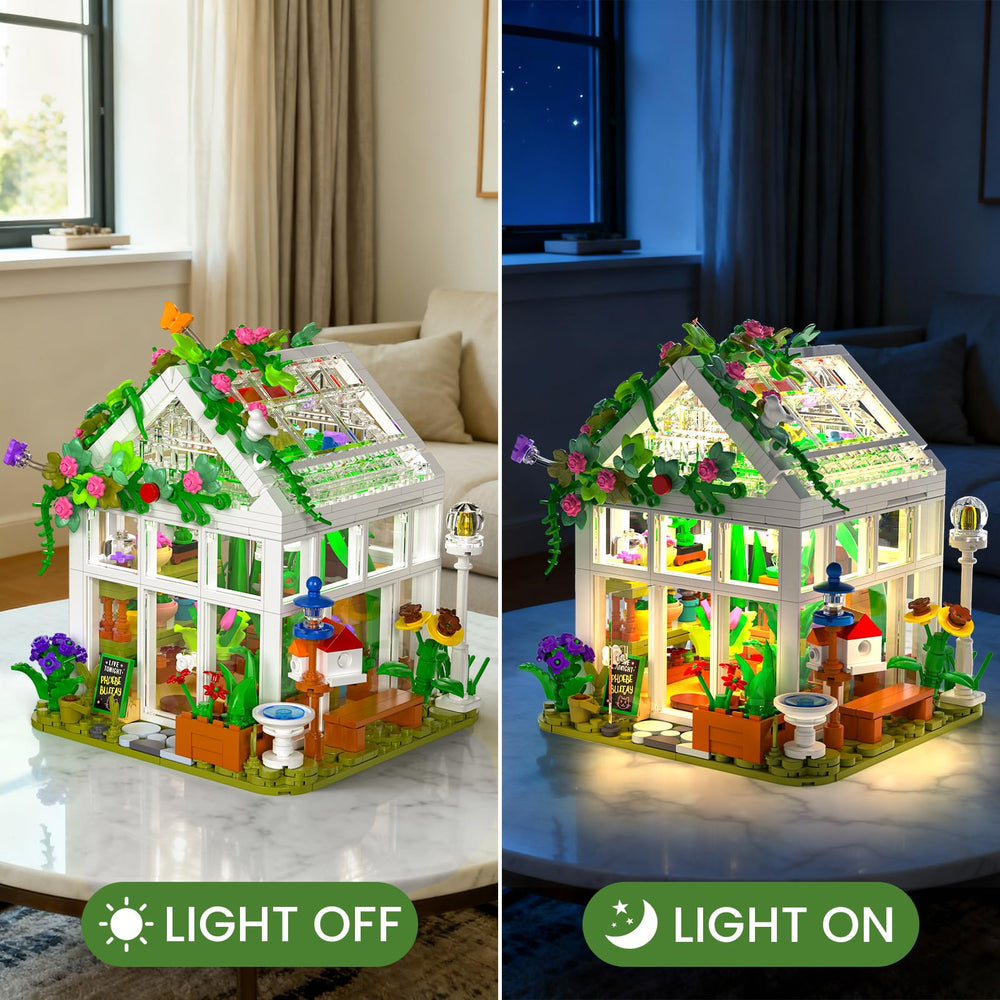 PIKARO Flowers House with LED light—roof open reveals lush plants for display.