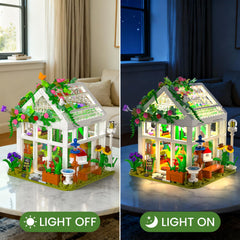 PIKARO Flowers House with LED light—roof open reveals lush plants for display.
