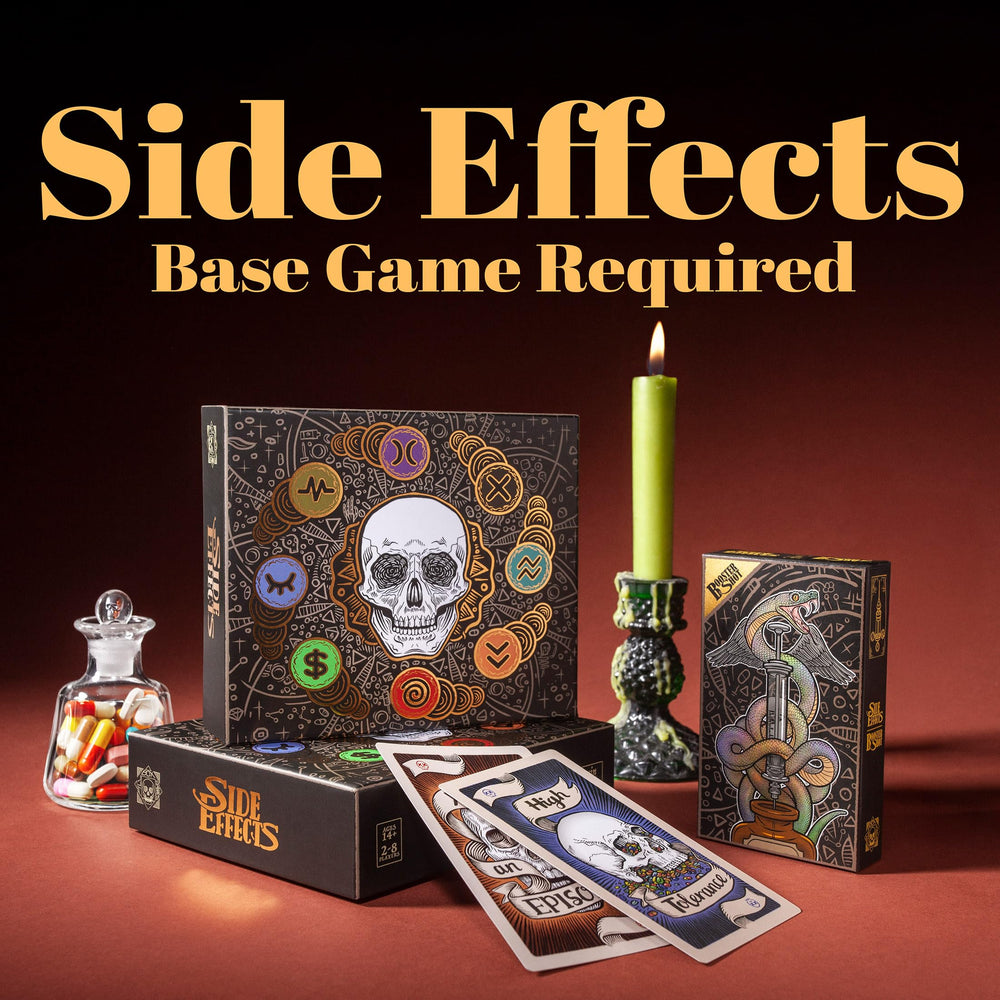 Pillbox Games Side Effects Booster Shot drug cards deck, boosting variety and interaction during rounds.