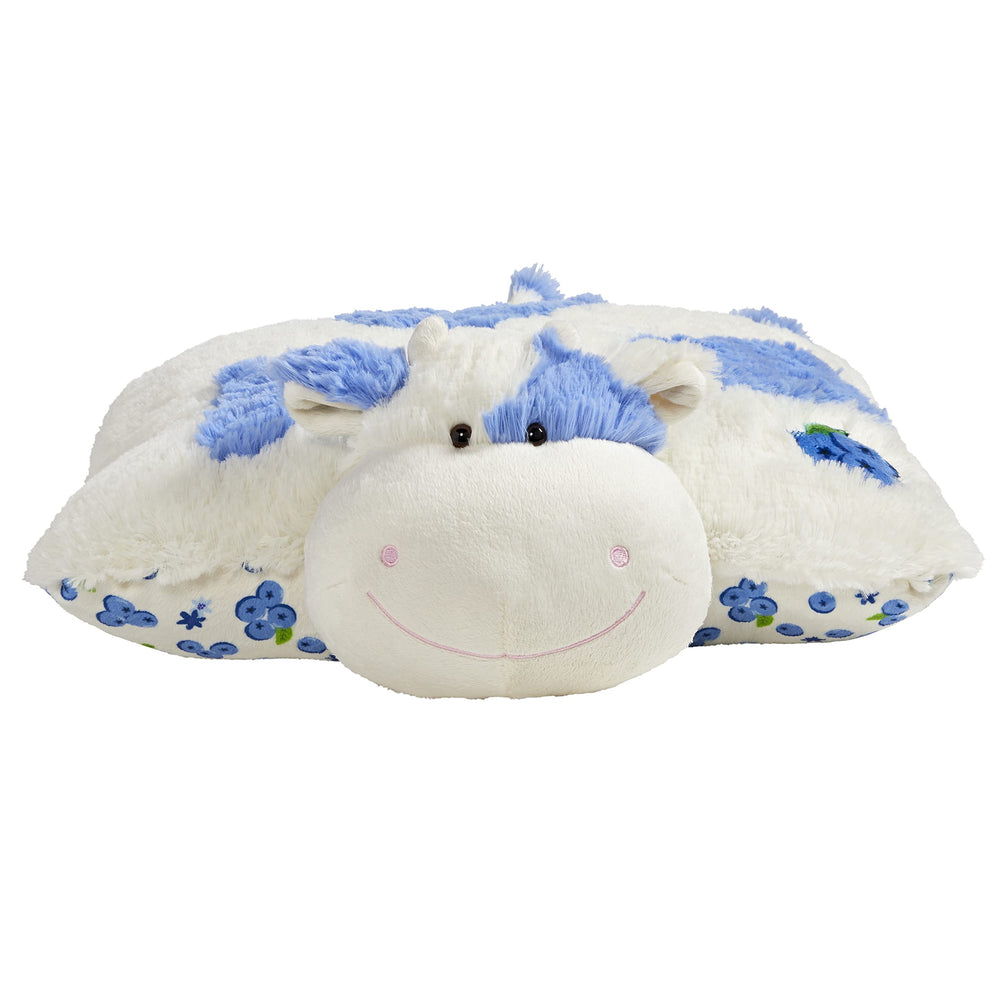 Close-up of Pillow Pets Blueberry Cow face, soft and cuddly