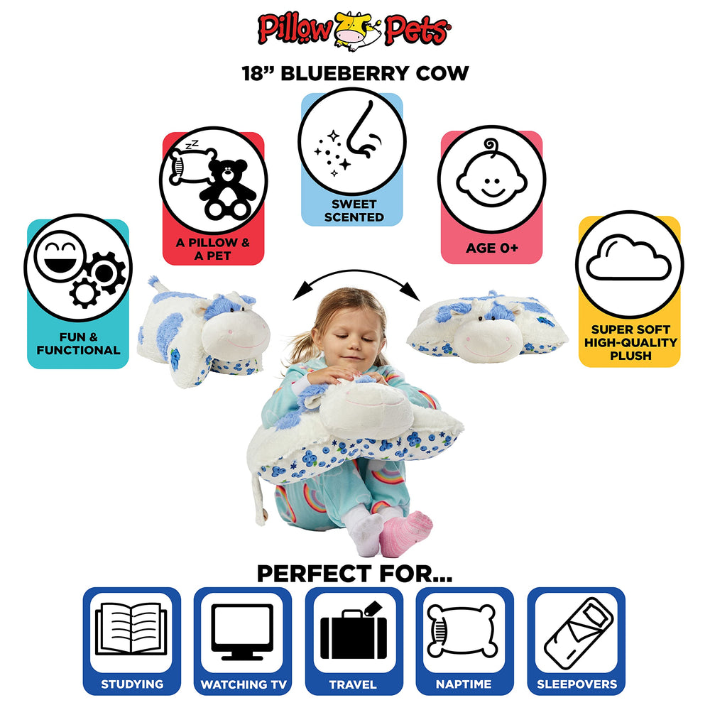 Blueberry Cow Pillow Pet traveling on a road trip, doubles as a pillow