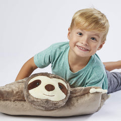 Close-up of Sunny Sloth's friendly face with plush texture.
