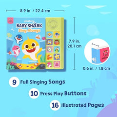 Close-up of the 10-button panel from Pinkfong Baby Shark sound book for musical play.