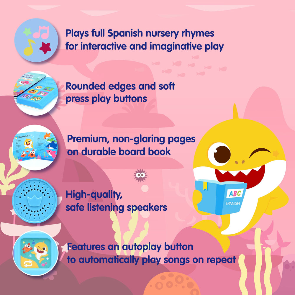 Pinkfong Baby Shark English and Spanish pages showcase bilingual learning